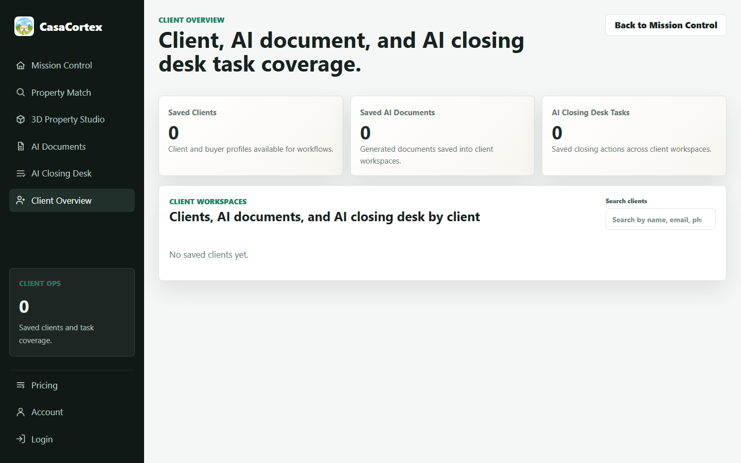 Client Profile: capture goals, preferences, documents, and closing activity